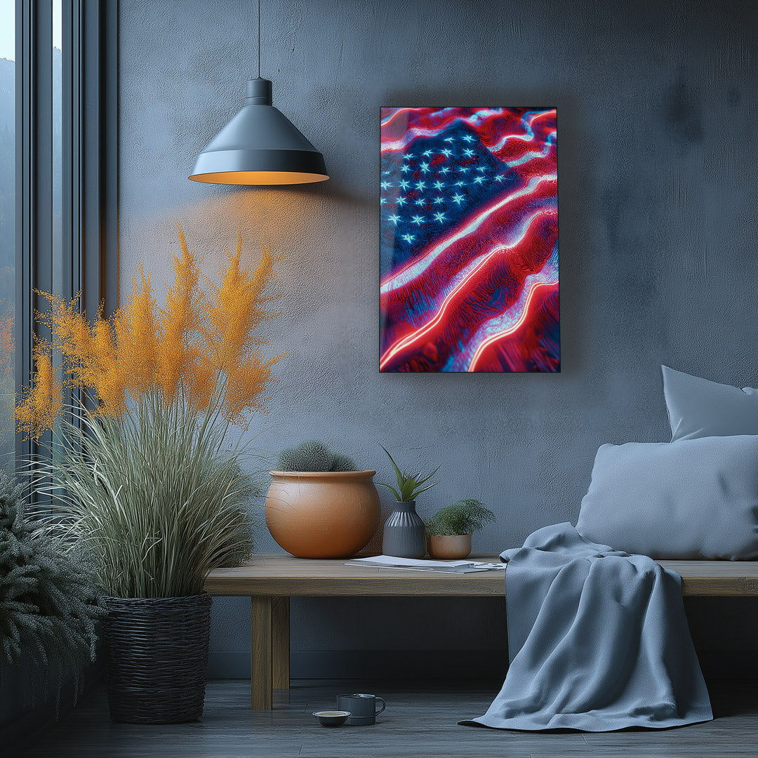 Reflective, vivid American flag design for game rooms and offices.