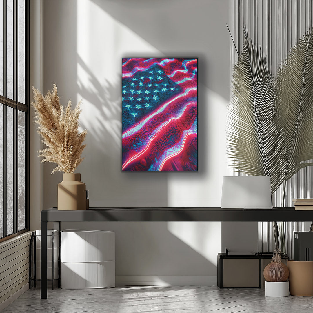 American flag art in glowing neon hues of red, white, and blue,