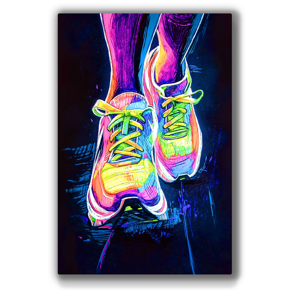 Neon sneaker wall art featuring bright rainbow hues and dynamic movement.