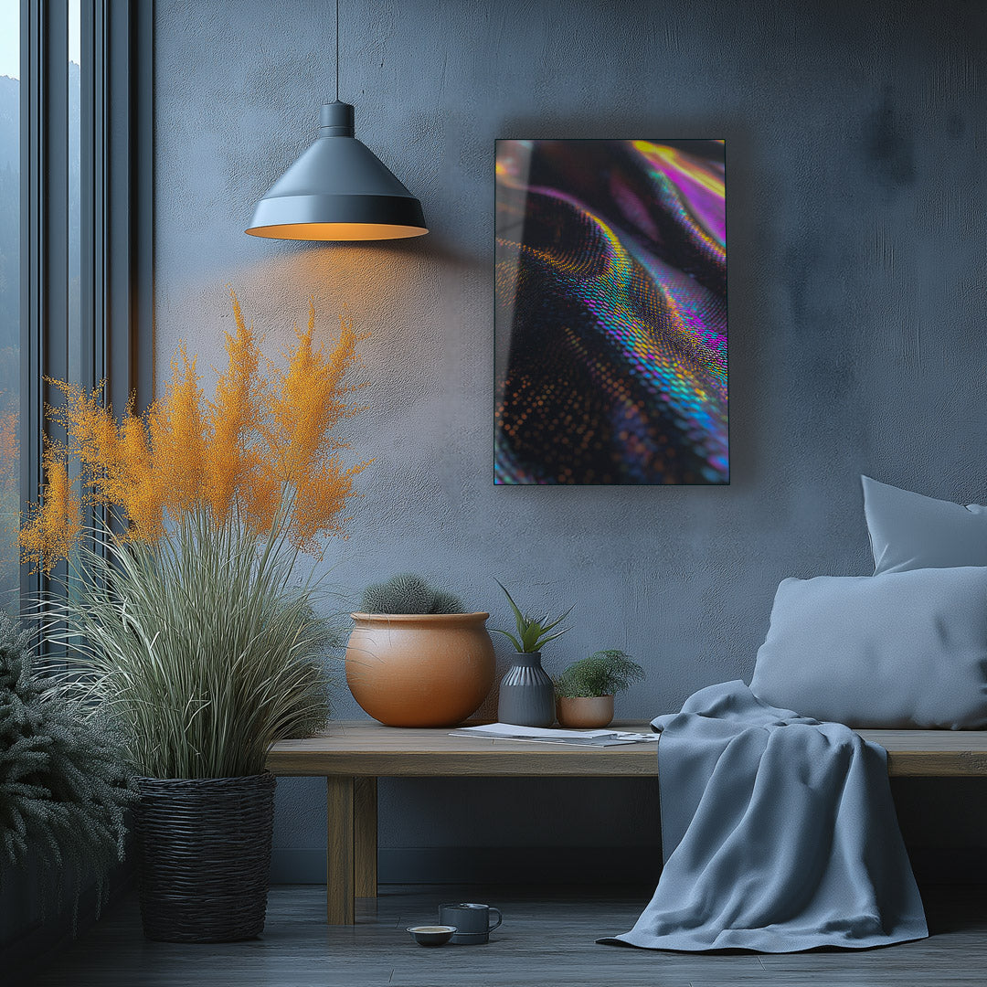 Reflective neon art perfect for gaming or lively living rooms.