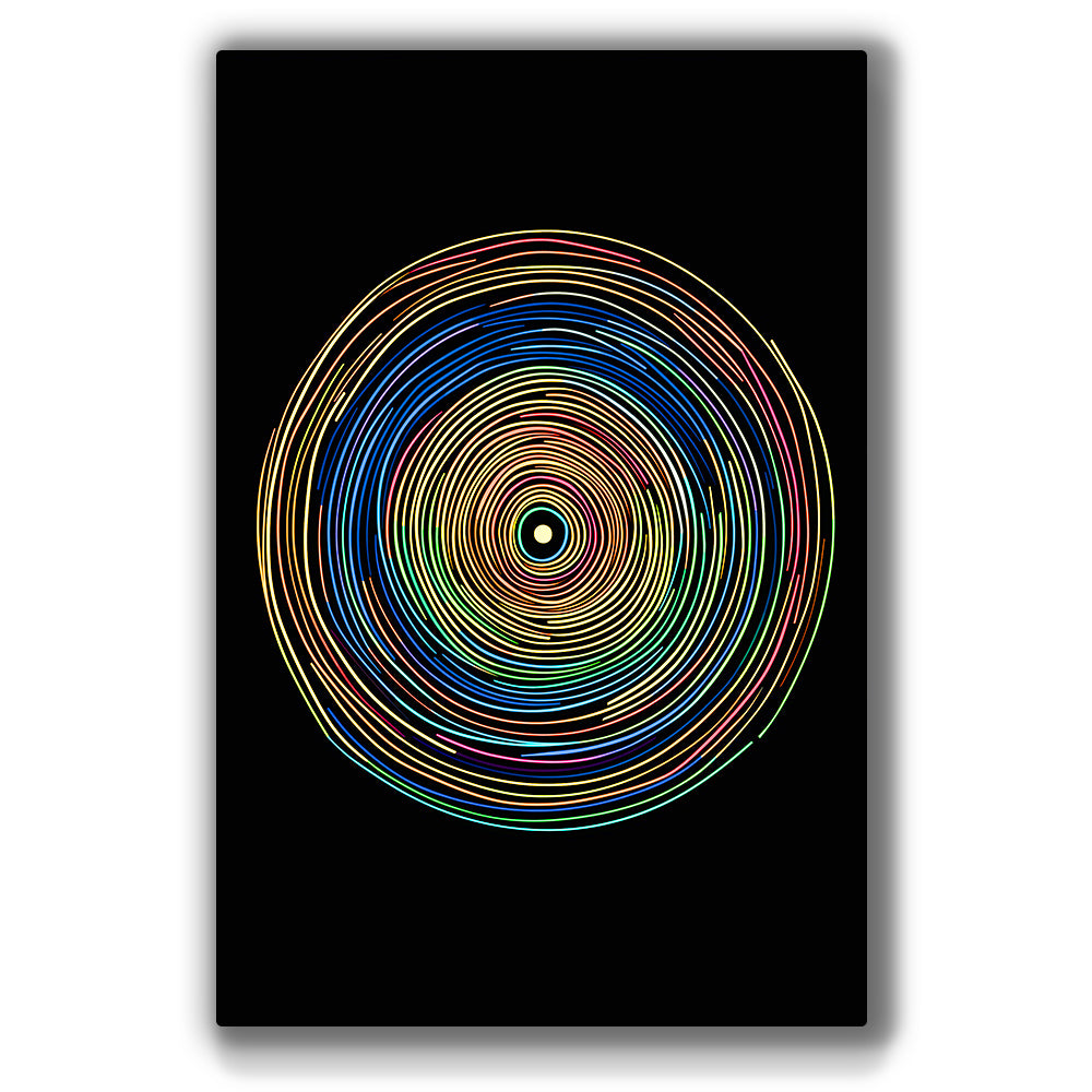 Dynamic concentric neon spirals representing perpetual motion.