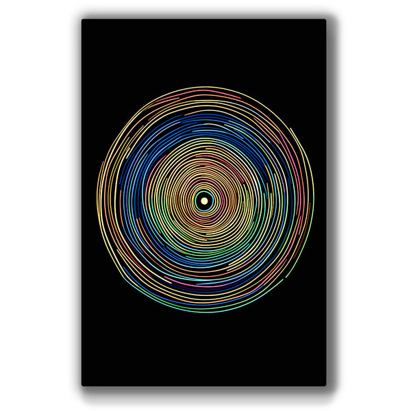 Dynamic concentric neon spirals representing perpetual motion.