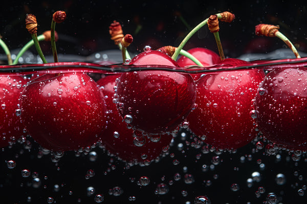 Vibrant metal wall art featuring lush cherries in water, perfect for adding a pop of color and charm to any space.