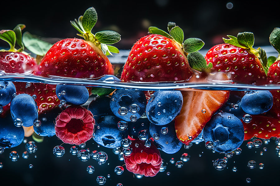 Vibrant metal wall art featuring colorful fruits submerged in water, creating a refreshing and dynamic visual statement.