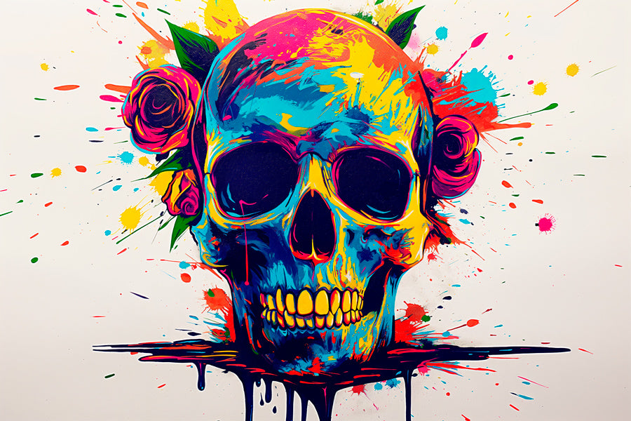 Vibrant metal wall art featuring a striking rainbow splash skull design, perfect for adding a bold and artistic touch to any space.