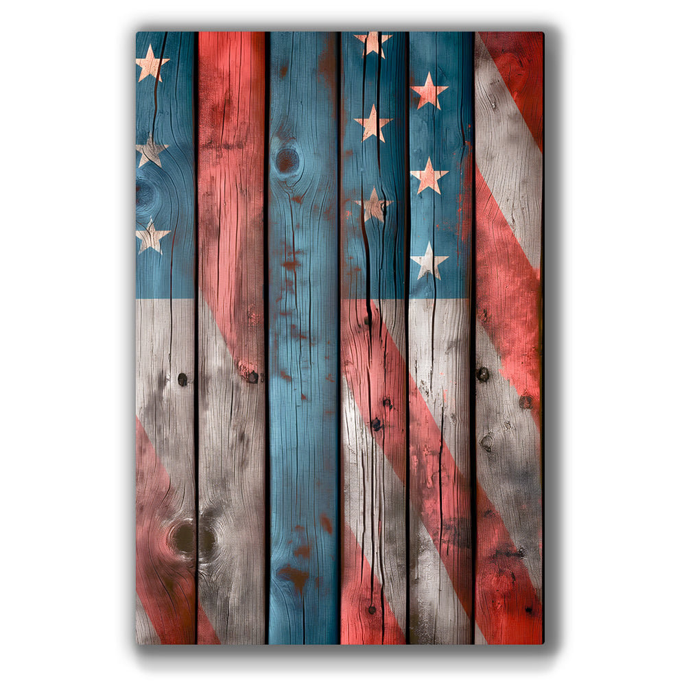 Patriotic flag artwork featuring vintage reds, whites, and blues.
