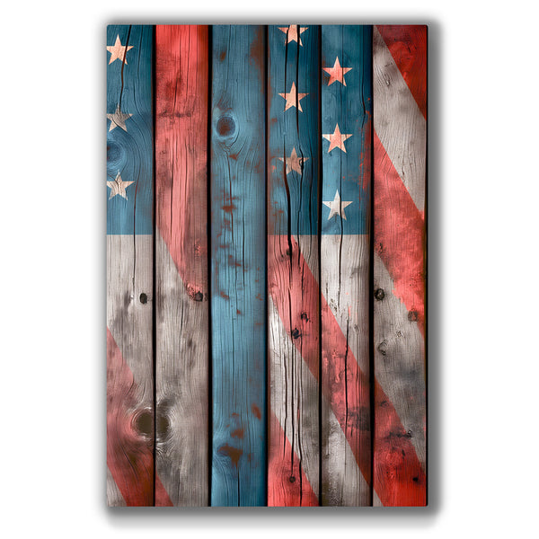 Patriotic flag artwork featuring vintage reds, whites, and blues.
