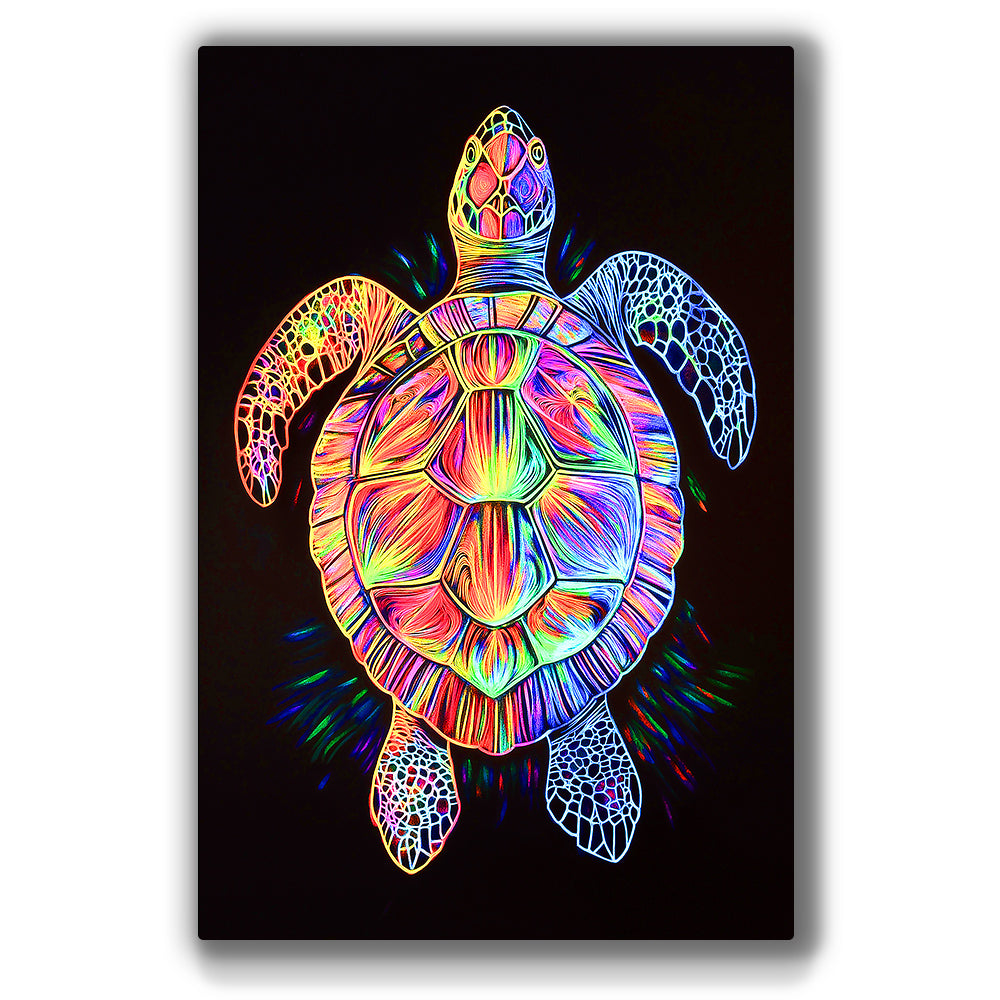 Sea Turtle Swim wall art featuring vibrant neon blues and greens with intricate turtle patterns.