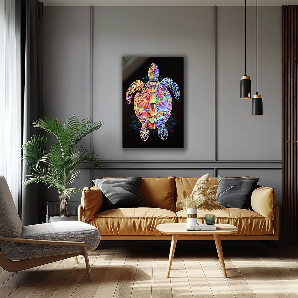 Underwater sea turtle art print with bold neon colors and geometric patterns.