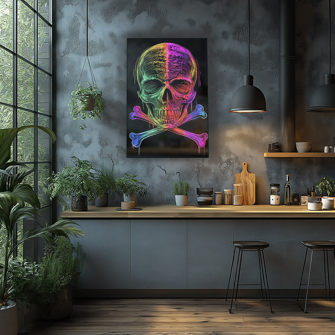 Bold neon skull art ideal for game rooms and studios.