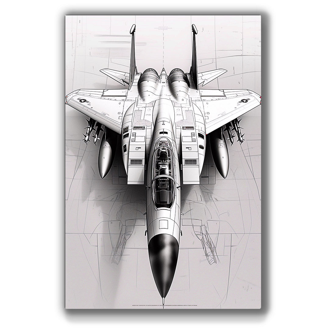 Black-and-white jet fighter artwork blueprint
