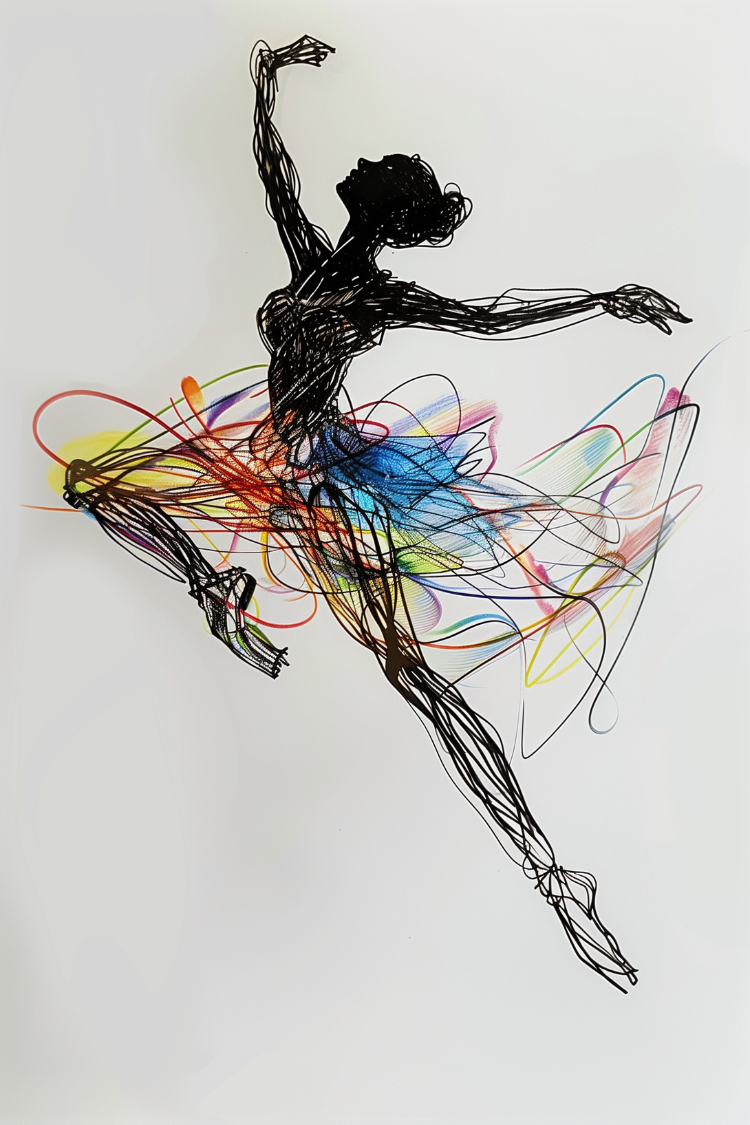 Vibrant metal wall art featuring a dynamic woman dancing, showcasing fluid lines and striking colors that enhance any space.