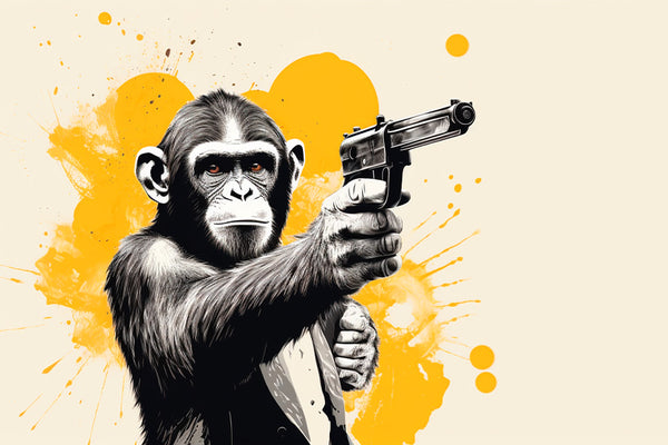 Vibrant metal wall art featuring a playful yellow monkey with a gun, adding a bold and whimsical touch to any space.