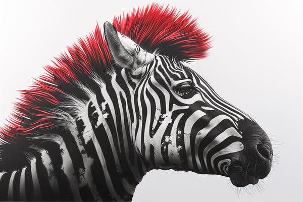 Vibrant metal wall art featuring a striking zebra design with a bold red mohawk, perfect for adding flair to any space.